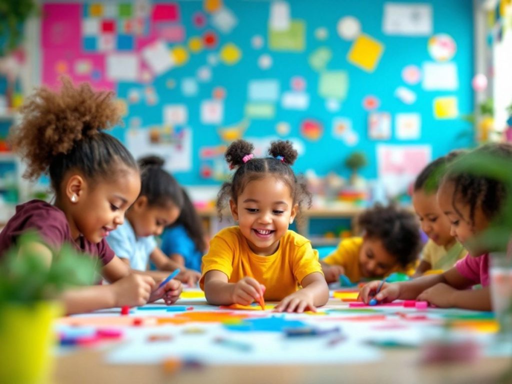 Elevi creativi lucrând împreună la proiecte educative.