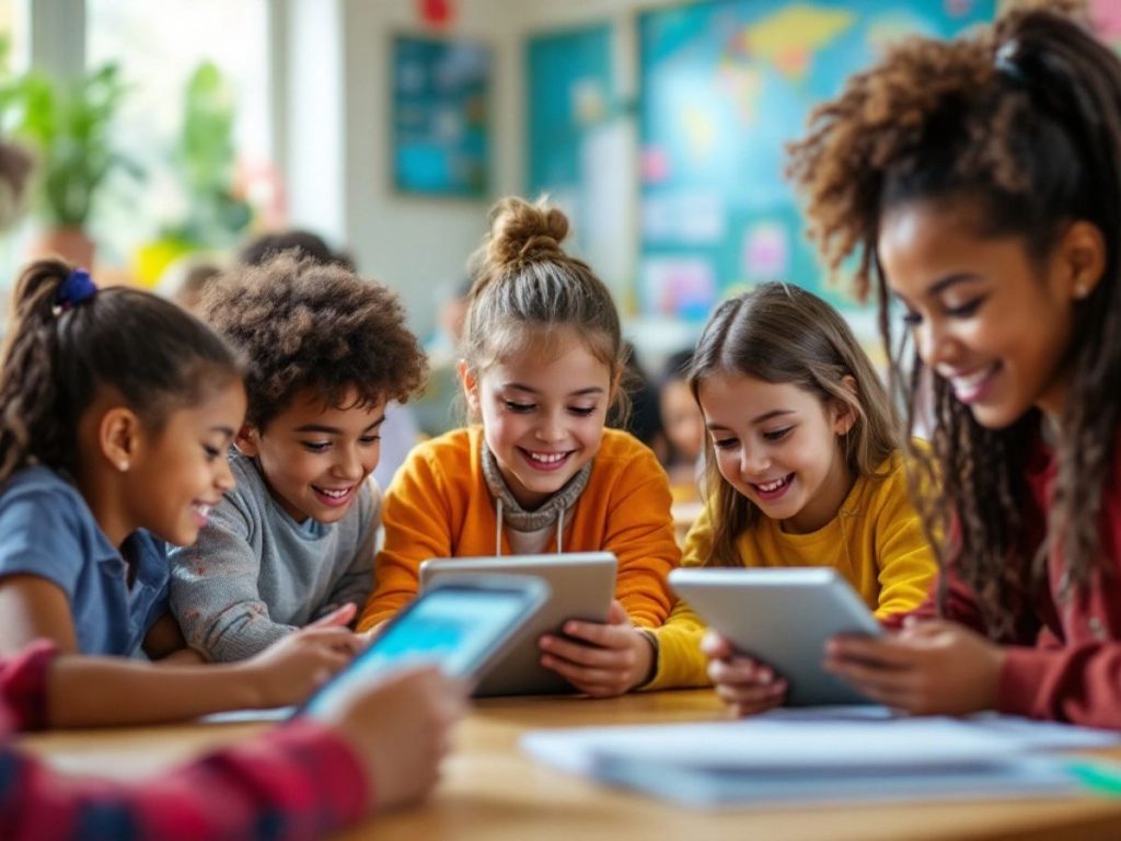 O clasă modernă cu elevi folosind tehnologie.