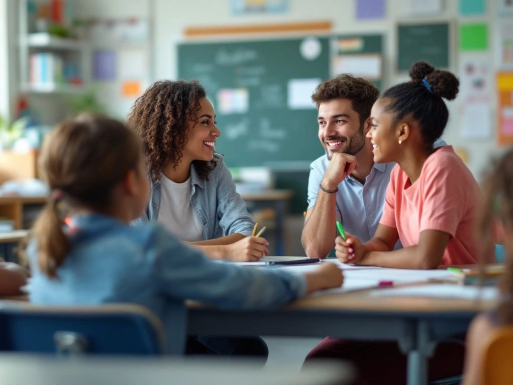 Elevi și profesori într-o clasă modernă.