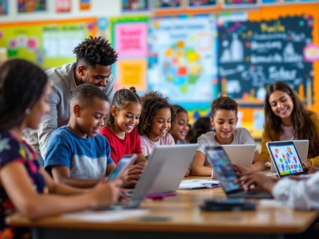 Elevă folosind un laptop într-o clasă modernă.