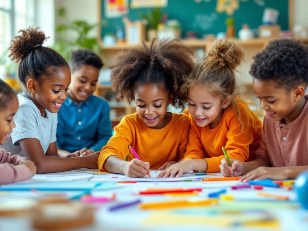 Elevă și elevi în clasă, învățând împreună.