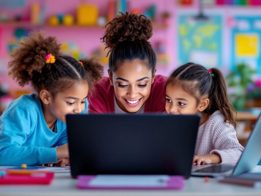 Copii învățând online într-o sală de clasă modernă.