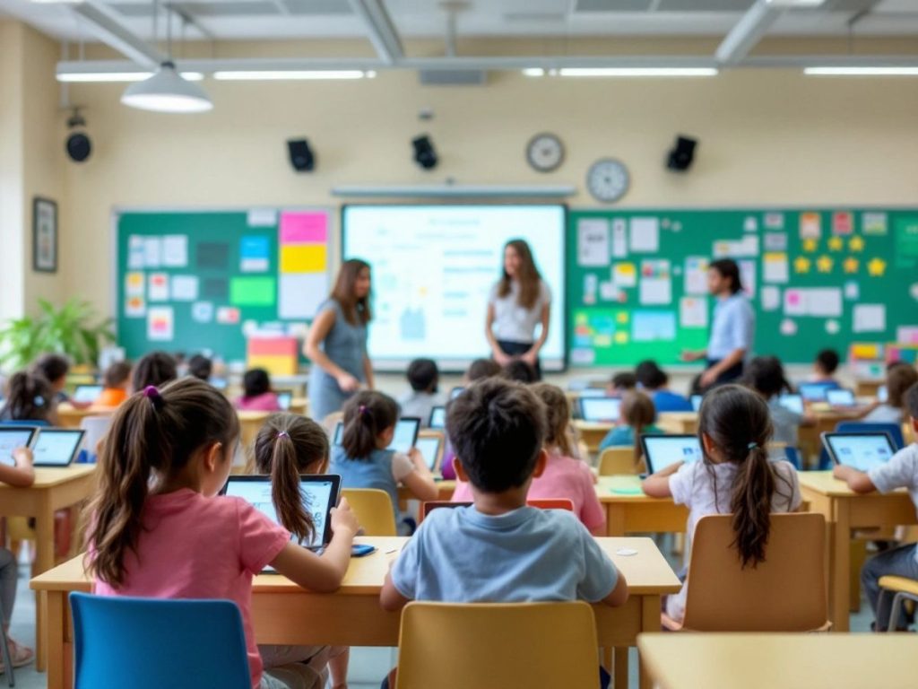 Copii folosind tablete într-o clasă modernă.