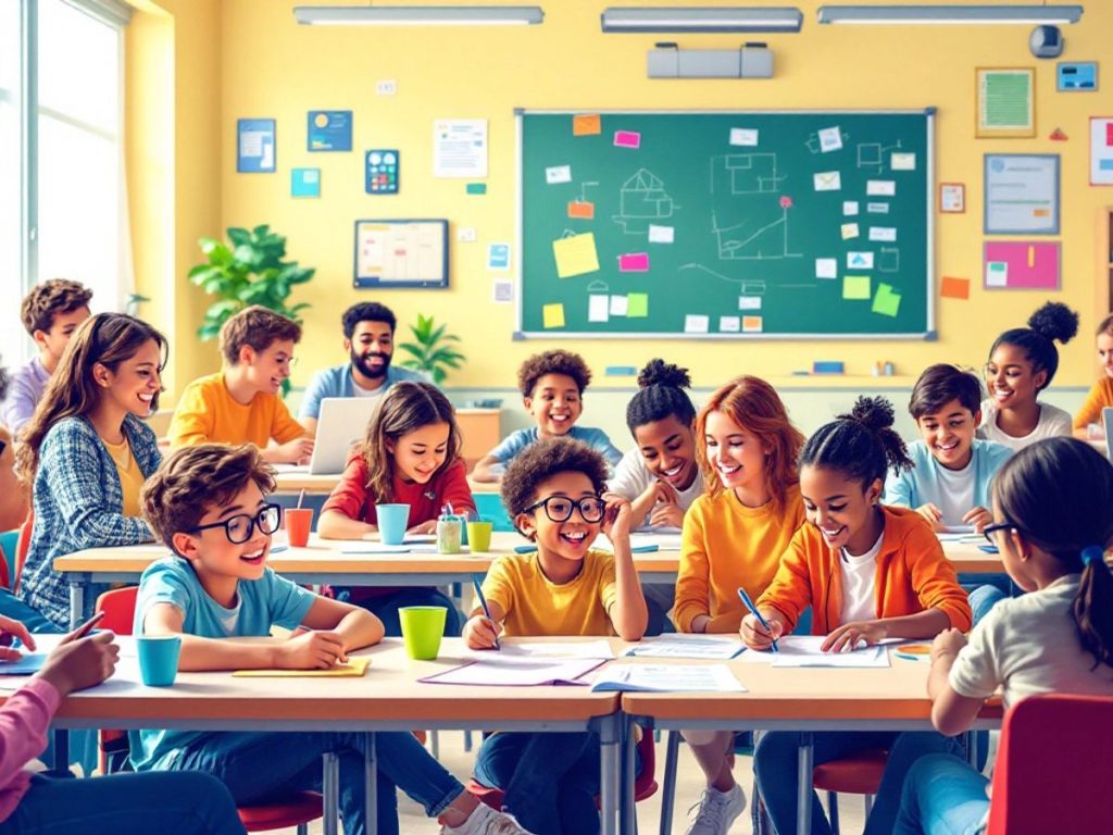 Elevi implicați în activități educaționale interactive.