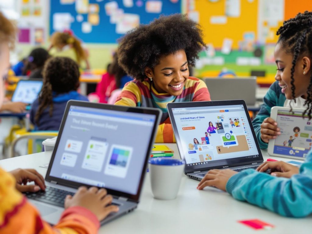 Elevi folosind platforme digitale în sala de clasă.