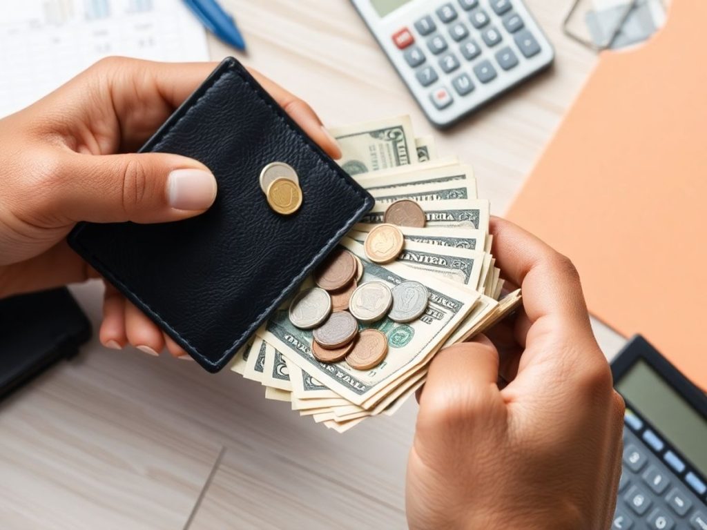 O persoană ținând un portofel plin cu bani.