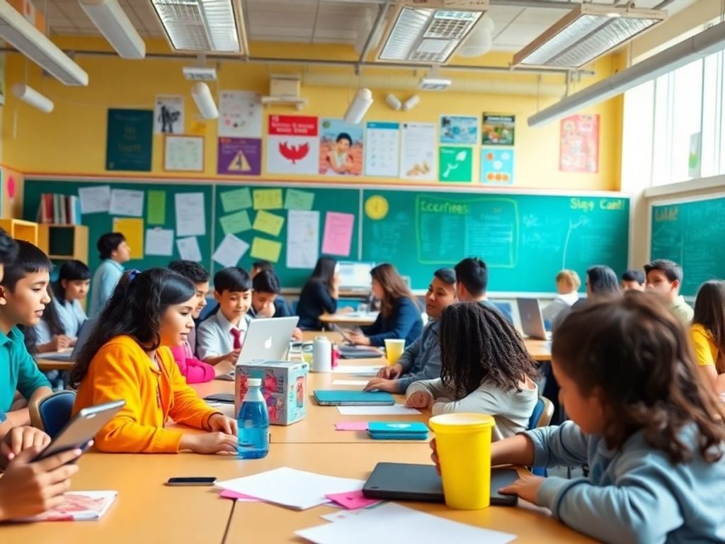 Elevă folosind tehnologia modernă în clasă.