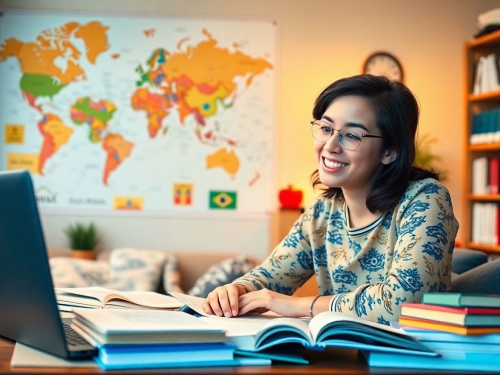 Tânăr învățând o limbă străină cu cărți.