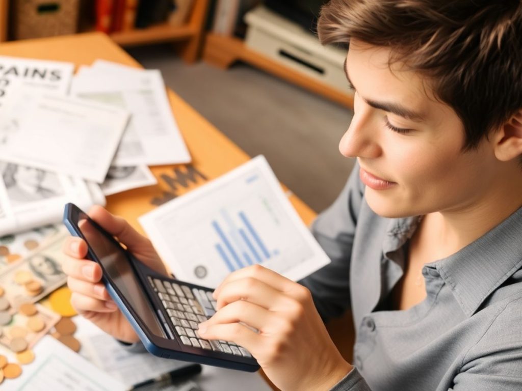 Persoană analizând bugetul cu un calculator și monede.