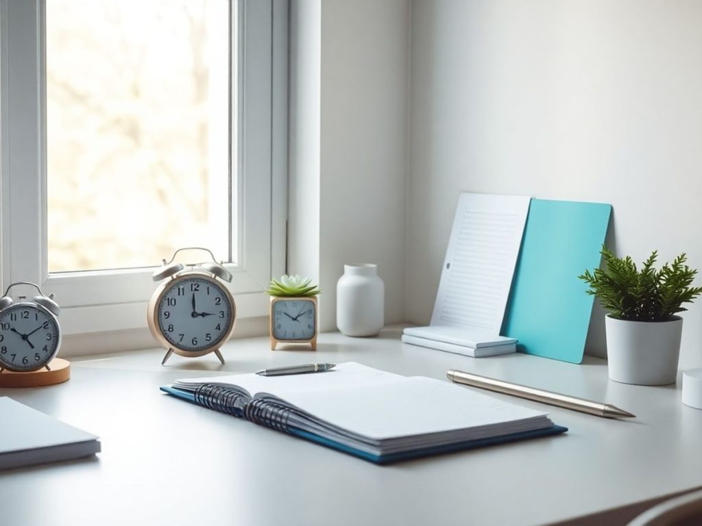 Birou ordonat cu planner și ceas, lumină naturală.