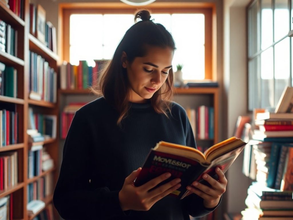 Persoană citind o carte într-un mediu confortabil.