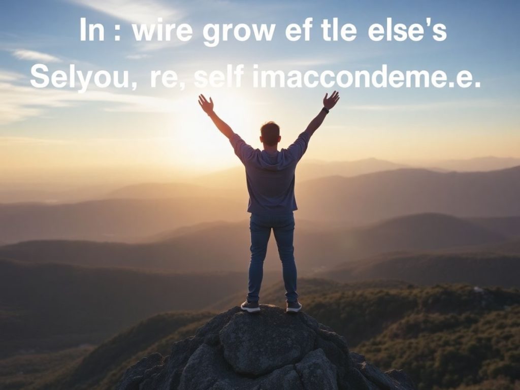 Persoană încrezătoare pe vârful muntelui, răsărit de soare.