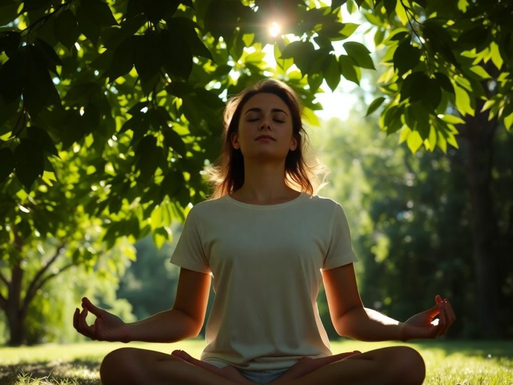 Femeie meditantă într-un parc liniștit.