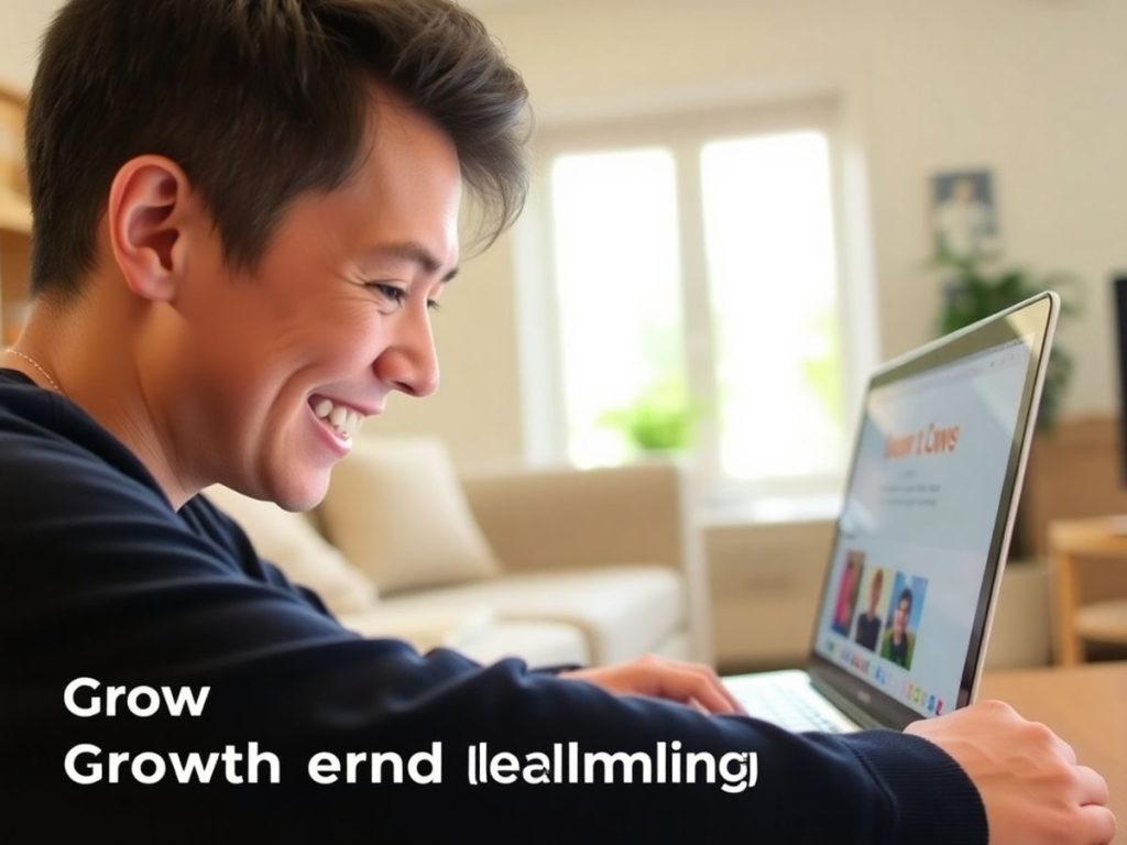 Femeie zâmbind studiind pe laptop acasă.