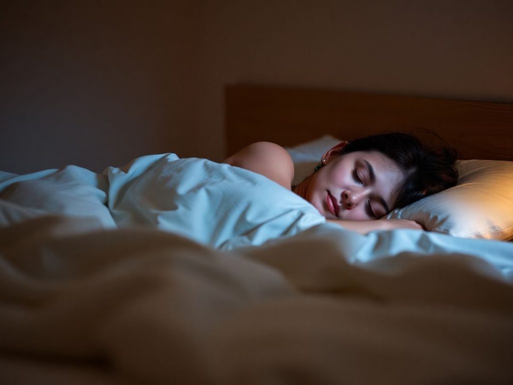 Femeie relaxată dormind profund într-un pat confortabil.