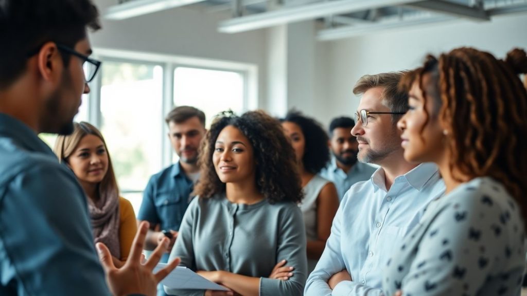 Oameni discutând pașnic într-o cameră luminoasă.