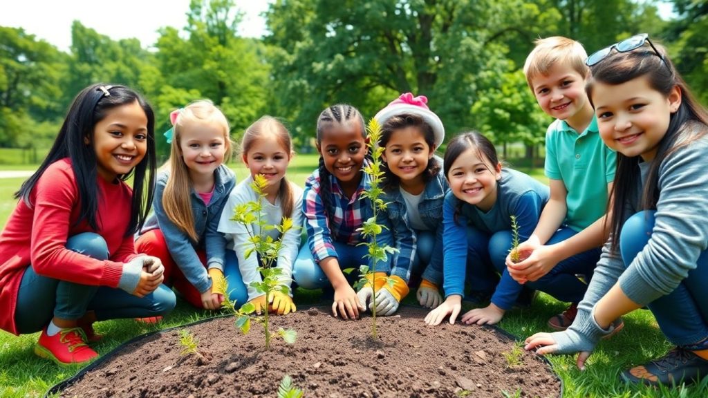 Copii plantează copaci într-un parc verde pentru sustenabilitate.